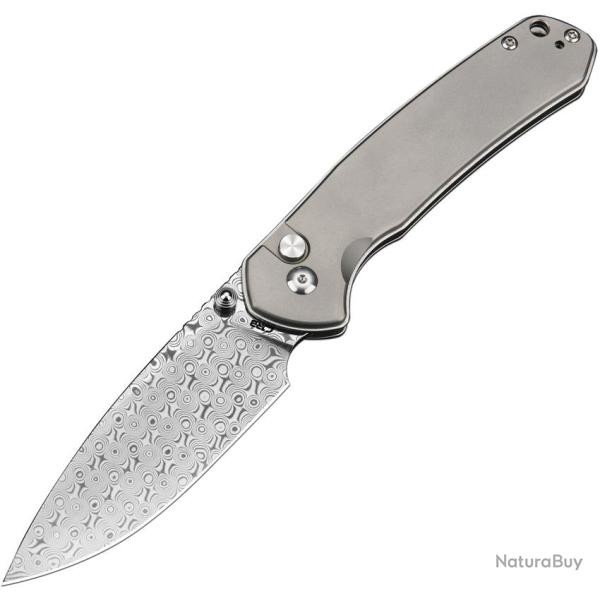 Couteau Pliant CJRB Pyrite Lame Acier Damas Manche Titane Gris Button Lock �tui Nylon J1925LTDM