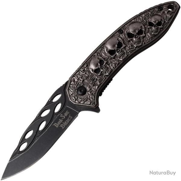 Couteau Pliant Dark Side Skull A/O Lame Inox Drop Point Manche Aluminium Gris Linerlock DSA055SW