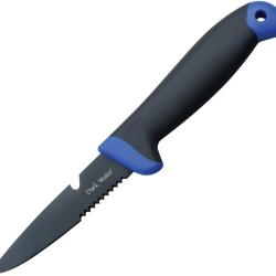 Couteau Dark Water Lame Acier 5Cr15MoV Noire Semi-Dentel&eacute;e Manche Caoutchouc Bleu et Gris DWFIX001CS