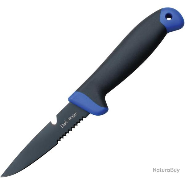 Couteau Dark Water Lame Acier 5Cr15MoV Noire Semi-Dentel�e Manche Caoutchouc Bleu et Gris DWFIX001CS
