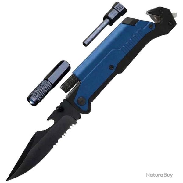 Couteau ElitEdge Rescue A/O Lame Acier 440C Manche Aluminium Noir et Bleu Linerlock EE10A70BL