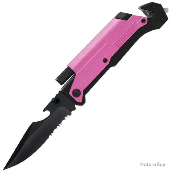 Couteau ElitEdge Rescue A/O Lame Acier 440C Manche Aluminium Noir et Rose Linerlock EE10A70PK