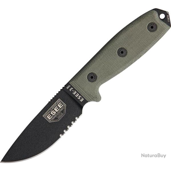 Couteau Fixe ESEE Model 3MIL Part Lame Acier 1095HC Manche Micarta Vert �tui Nylon ES3MILSB