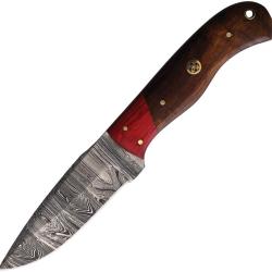 Couteau Fixe FH Knives Lame Acier Damas Manche Bois Marron et Rouge &Eacute;tui Cuir FHK9105DM