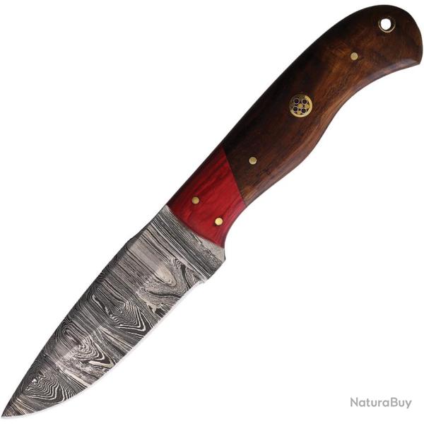Couteau Fixe FH Knives Lame Acier Damas Manche Bois Marron et Rouge �tui Cuir FHK9105DM