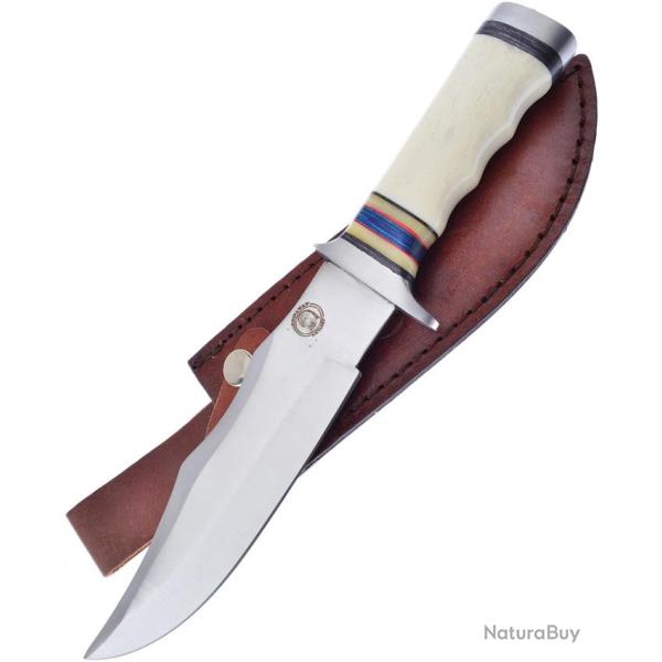 Couteau Fixe Frost Cutlery Hunter Bowie Lame Inox Manche Os Blanc �tui Cuir FCW673WSB