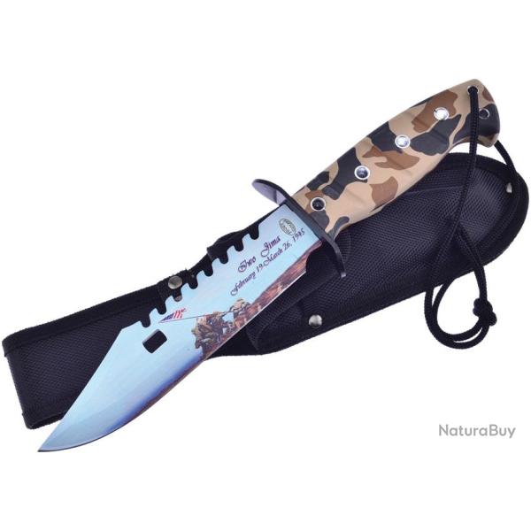 Couteau Fixe Frost Cutlery Iwo Jima Bowie Lame Inox Manche Caoutchouc Camo �tui Nylon FFC44IJ