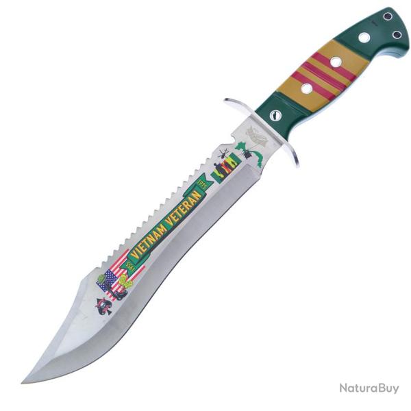 Couteau Fixe Frost Cutlery Vietnam Vet Bowie Lame Inox Manche ABS Vert et Jaune et Rouge FFC50V
