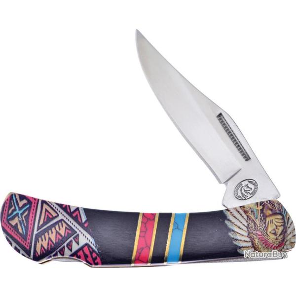 Couteau Pliant Frost Cutlery Warrior Wood/Turquoise Lame Inox Clip Point Manche Bois Noir FSHS123BRB