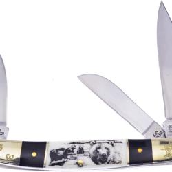 Couteau Pliant Frost Cutlery Wrangler Bear Etch Lame Acier 440 Manche Corne et Os Blanc FSW112BHSBB
