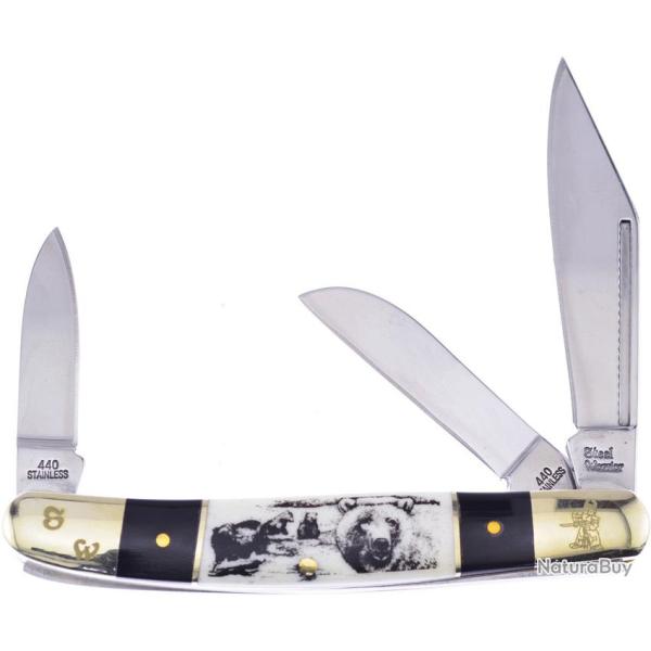 Couteau Pliant Frost Cutlery Wrangler Bear Etch Lame Acier 440 Manche Corne et Os Blanc FSW112BHSBB