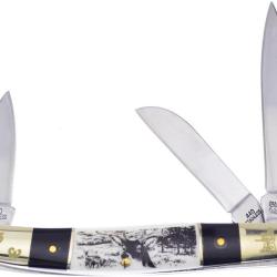 Couteau Pliant Frost Cutlery Wrangler Deer Etch Lame Acier 440 Manche Corne et Os Blanc FSW112BHSBD