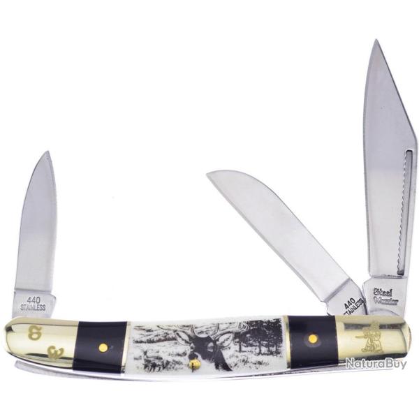 Couteau Pliant Frost Cutlery Wrangler Deer Etch Lame Acier 440 Manche Corne et Os Blanc FSW112BHSBD