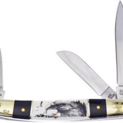 Couteau Pliant Frost Cutlery Wrangler Eagle Etch Lame Acier 440 Manche Corne et Os Blanc FSW112BHSBE