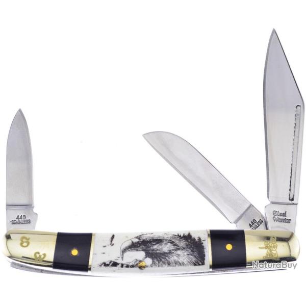 Couteau Pliant Frost Cutlery Wrangler Eagle Etch Lame Acier 440 Manche Corne et Os Blanc FSW112BHSBE
