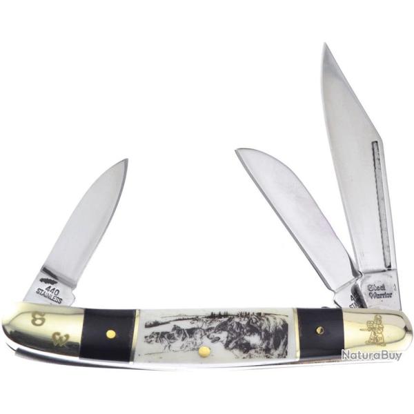 Couteau Pliant Frost Cutlery Wrangler Wolf Etch Lame Acier 440 Manche Corne et Os Blanc FSW112BHSBW