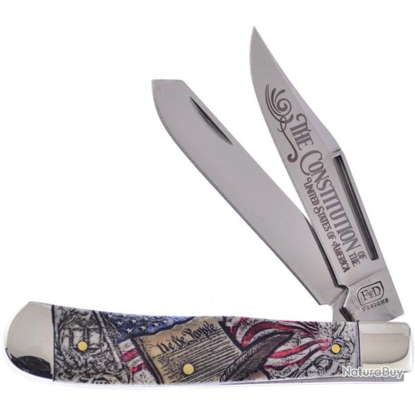 Couteau Pliant Frostwood Design Trapper Constitution Lame Inox Manche Os Blanc FWD002CON