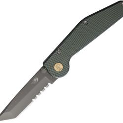 Couteau GT KNIVES Lame Acier ATS-34 TiNi Semi-Dentel&eacute;e Tanto Manche Aluminium Vert Button Lock GT310