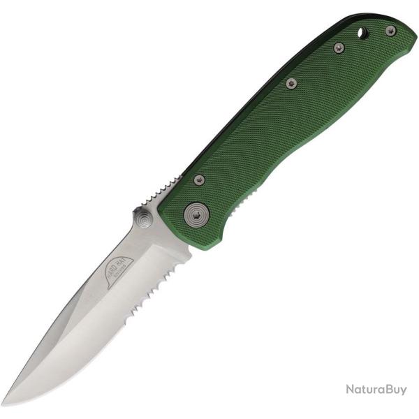 Couteau Pliant Hard Hat Lame Inox Satin�e Semi-Dentel�e Manche Aluminium Vert Lockback HH823GN