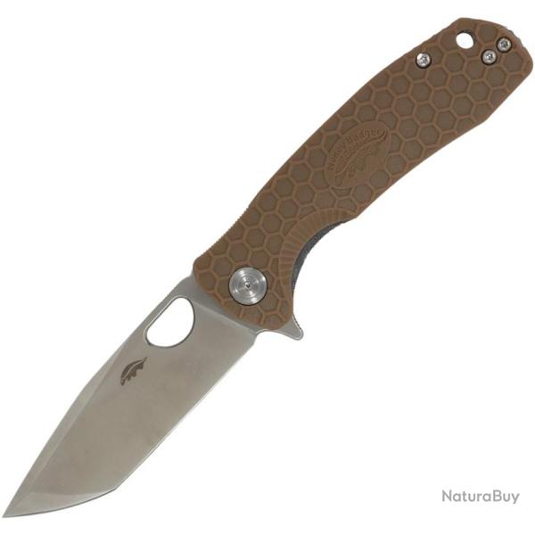Couteau Pliant Honey Badger Knives Medium Lame Acier 14C28N Tanto Manche GRN Sable Linerlock HB1732