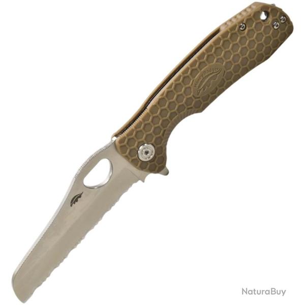 Couteau Honey Badger Knives Large Rescue Lame Acier 8Cr13MoV Manche GFN Sable Linerlock HB1742