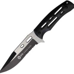 Couteau Fixe K25 Tactical Lame Inox Semi-Dentel&eacute;e Manche Aluminium Noir &Eacute;tui Nylon RUI32608