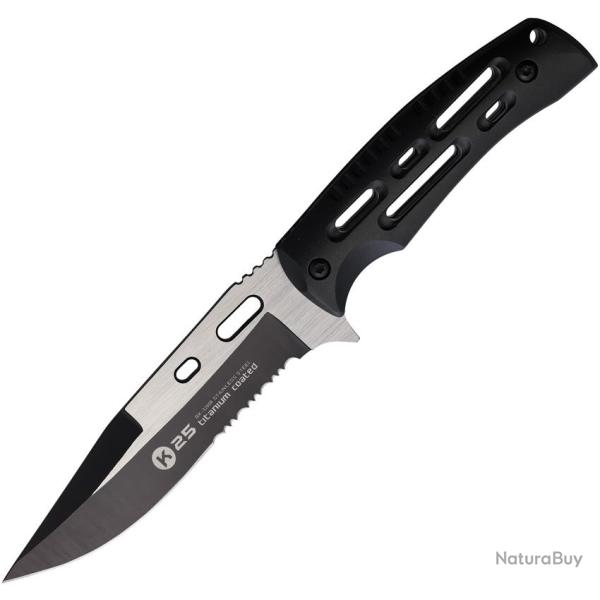 Couteau Fixe K25 Tactical Lame Inox Semi-Dentel�e Manche Aluminium Noir �tui Nylon RUI32608