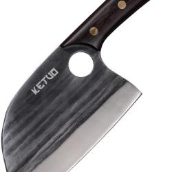 Couteau Fixe Ketuo Cleaver Lame Inox Manche Noyer &Eacute;tui Cuir KETM5104