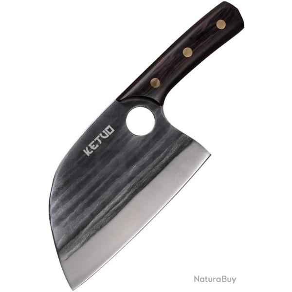 Couteau Fixe Ketuo Cleaver Lame Inox Manche Noyer �tui Cuir KETM5104
