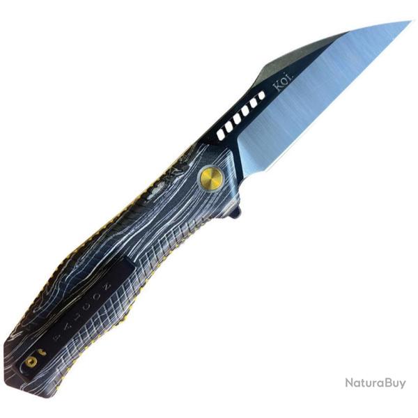 Couteau KOI Knives Falcon Lame Acier 14C28N Wharncliffe Manche G10 Gris et Noir Linerlock KOI014