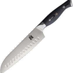 Couteau de Cuisine Komoran Santoku Lame Acier Damas Manche Micarta Noir et Blanc KO030