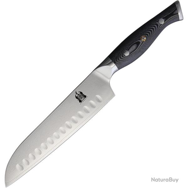 Couteau de Cuisine Komoran Santoku Lame Acier Damas Manche Micarta Noir et Blanc KO030