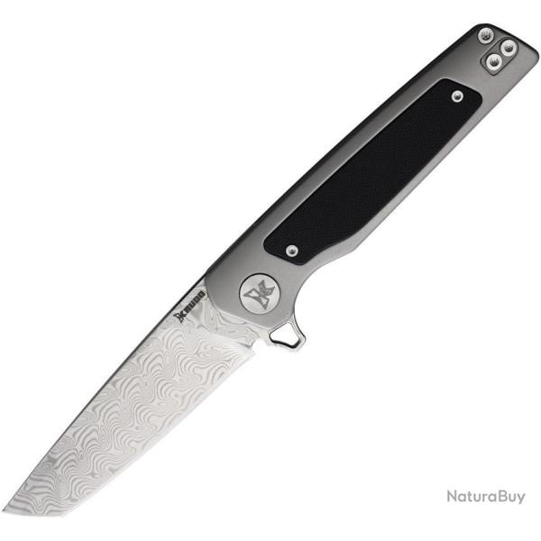 Couteau Pliant Krudo XZILE Lame Acier Damas Tanto Manche Inox et G10 Gris et Noir Framelock SNG982