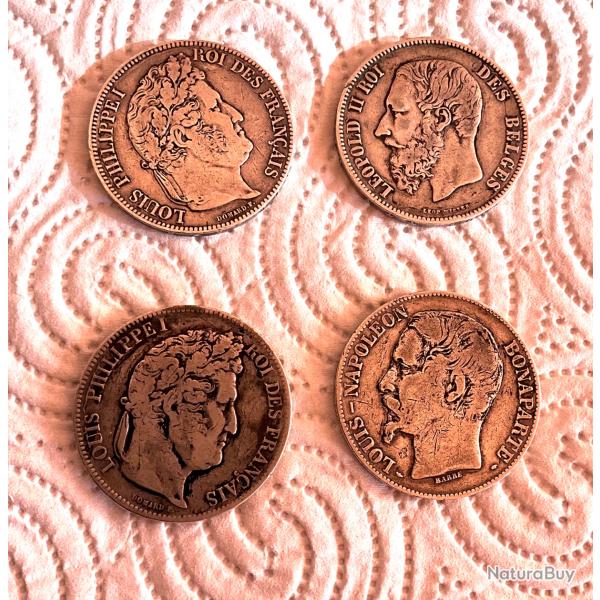 Lot 4 pi�ces 5 Francs argent Louis-Philippe I L�opold II Napol�on Bonaparte XIX �me