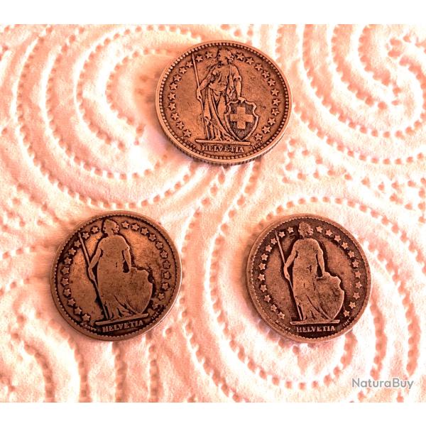 Lot de 3 pi�ces suisses Helvetia en argent, 1fr 1876, 1fr 1880, 2 fr 1886 ( lettre B)