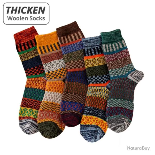 5 Paires Chaussettes Hiver Homme Laine Chaudes R�tro Color�es Taille 38-44