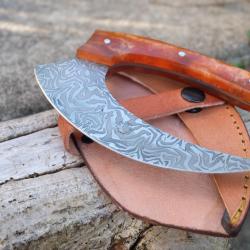 Couteau d'Esquimau Inuit Ulu Lame Acier Inox Manche R&eacute;sine Etui Cuir Fabr Artisanale 01