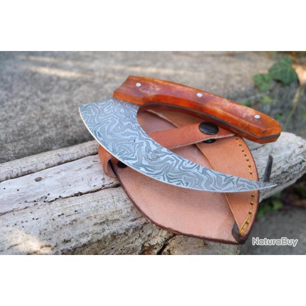 Couteau d'Esquimau Inuit Ulu Lame Acier Inox Manche R�sine Etui Cuir Fabr Artisanale 01
