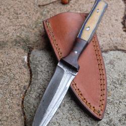 Couteau Dague Scottish Dirk Lame Acier Damas 256 Couches Manche Bois Tigre Etui Cuir Fab ArtisanaleA
