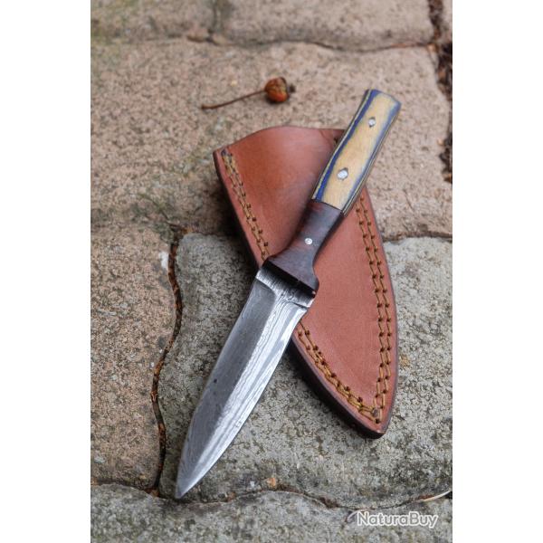 Couteau Dague Scottish Dirk Lame Acier Damas 256 Couches Manche Bois Tigre Etui Cuir Fab ArtisanaleA