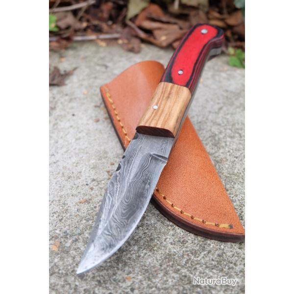 Couteau Skinner Lame Acier Damas 256 Couches Manche Couleurs Automne Etui Cuir Fabr Artisanale