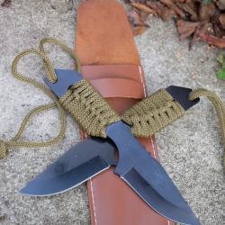 Lot de 2 Couteau de Survie Lame Drop Point Acier Inox Manche Corde Etui Simili Cuir