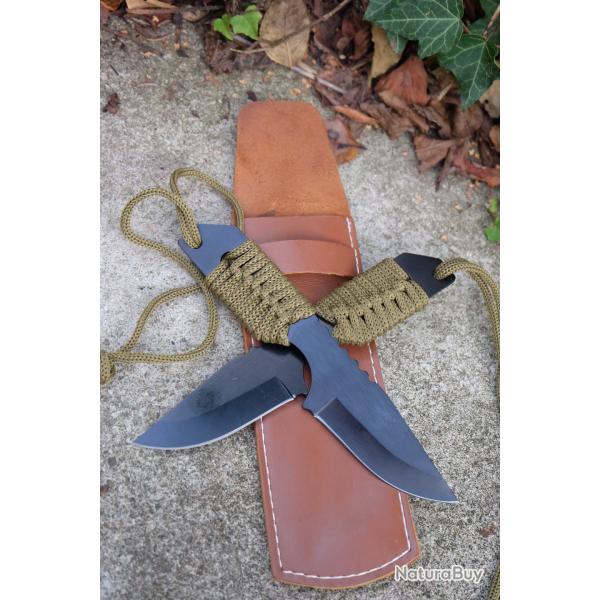 Lot de 2 Couteau de Survie Lame Drop Point Acier Inox Manche Corde Etui Simili Cuir
