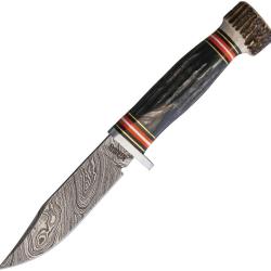 Couteau Fixe Marbles Skinner Lame Acier Damas Manche Corne &Eacute;tui Cuir MR463