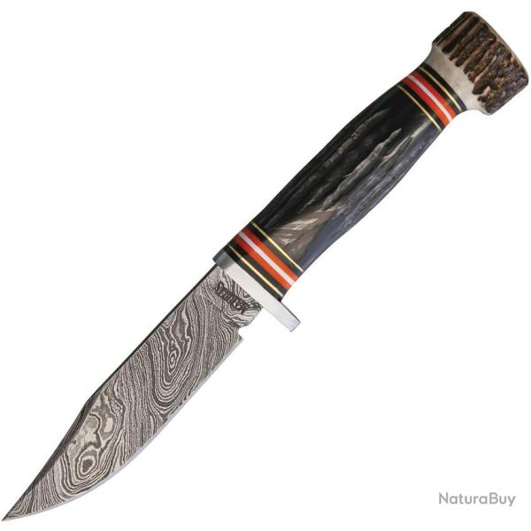 Couteau Fixe Marbles Skinner Lame Acier Damas Manche Corne �tui Cuir MR463