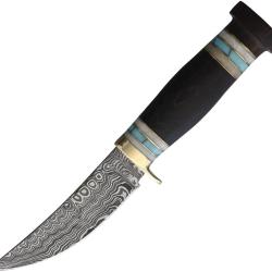 Couteau Fixe Marbles Hunter Lame Acier Damas Manche Bois Marron &Eacute;tui Cuir MR634