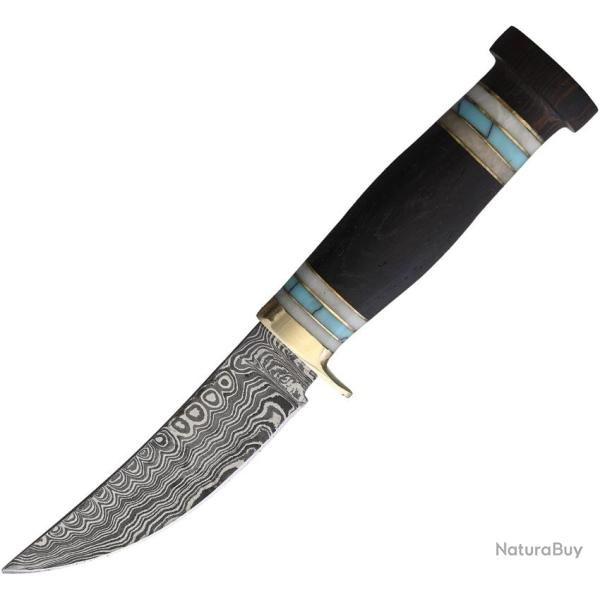 Couteau Fixe Marbles Hunter Lame Acier Damas Manche Bois Marron �tui Cuir MR634