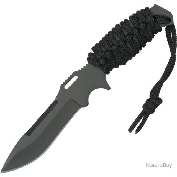 Couteau Fixe Tactical Lame Inox Manche Cordelette Noir �tui Nylon M3505