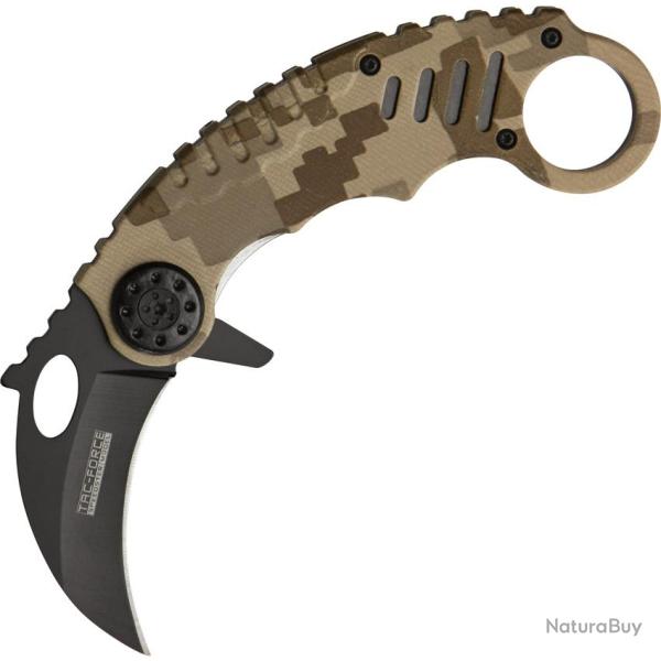 Couteau Pliant Karambit A/O Lame Inox Manche Aluminium Camo Sable et Digital Linerlock M4084