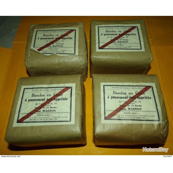 SERVICE DE SANTE : LOT DE 4 PAQUETS DE 1961 DE 10 BANDES DE GAZE DE COULEUR MARRON  DE L'ARMEE FRAN